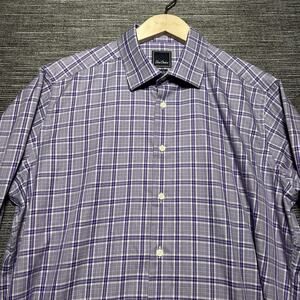 David Donahue Shirt Men's 18 Purple Glen Plaid Trim Long Sleeve Button Up
